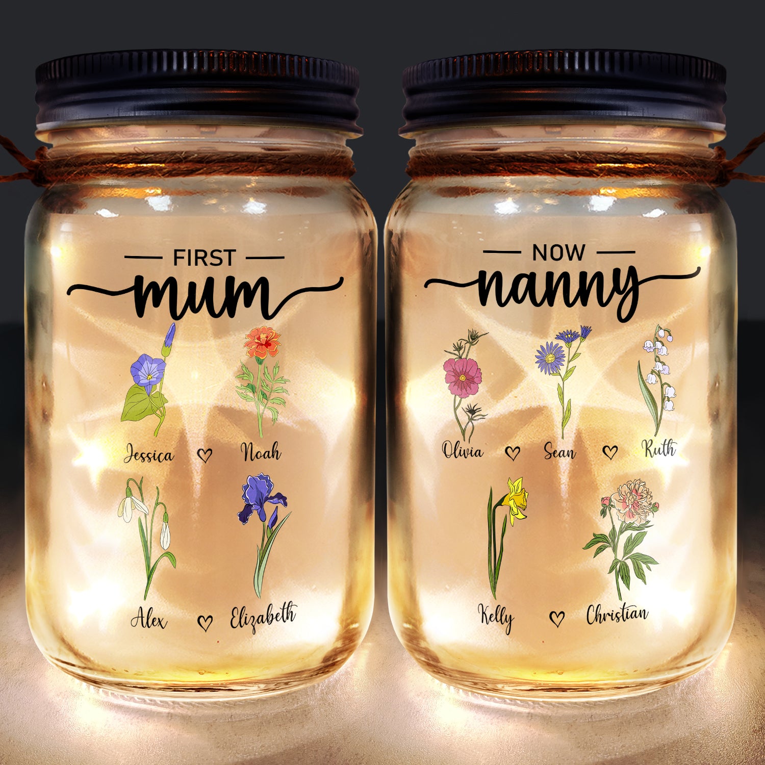 First Mama Now Nanny Flowers - Gift For Grandma, Nana, Granny - Personalized Mason Jar Light