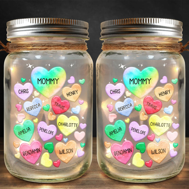 Grandma's Sweethearts Heart By Heart - Gift For Nana, Mom, Mama - Personalized Mason Jar Light