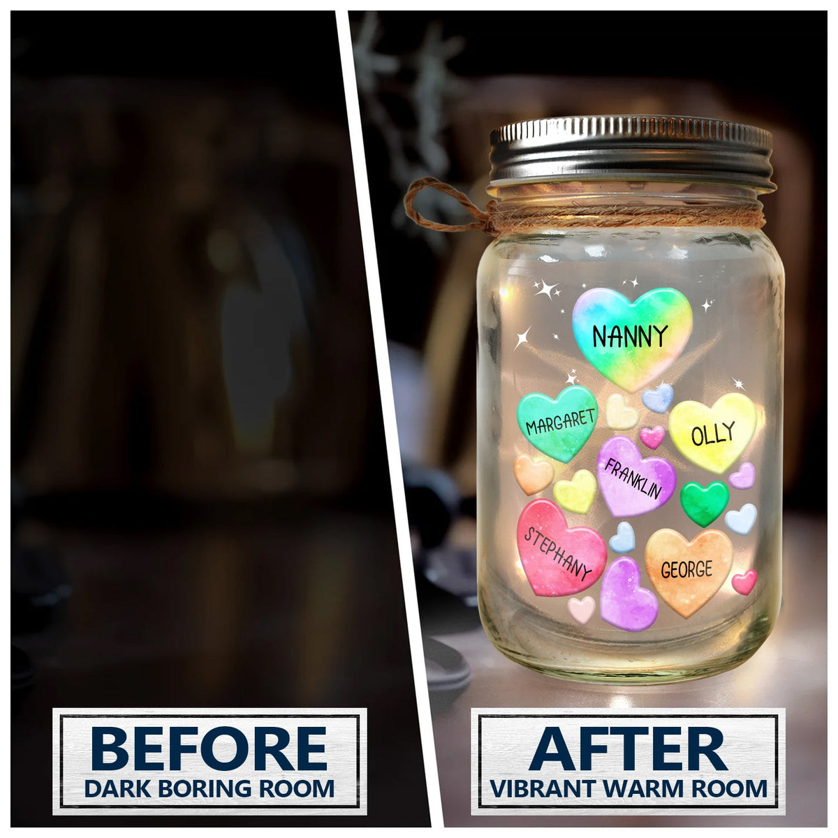 Grandma's Sweethearts Heart By Heart - Gift For Nana, Mom, Mama - Personalized Mason Jar Light