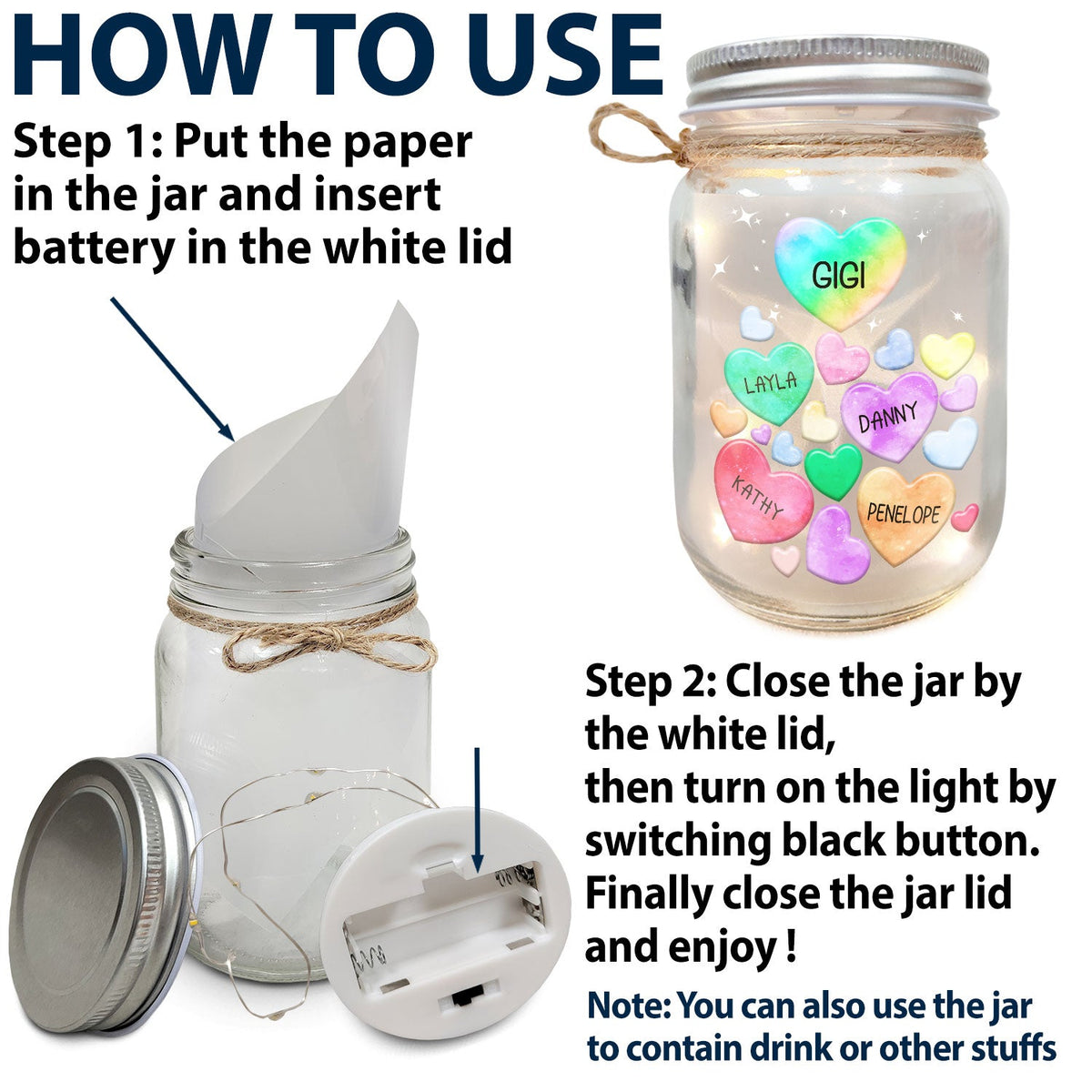 Grandma's Sweethearts Heart By Heart - Gift For Nana, Mom, Mama - Personalized Mason Jar Light