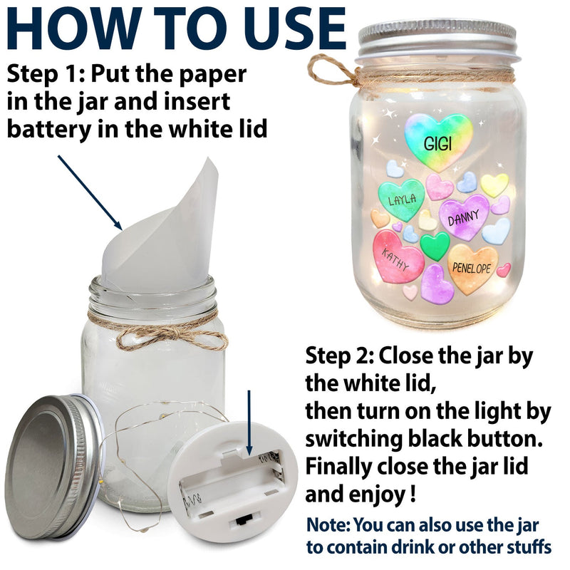 Grandma's Sweethearts Heart By Heart - Gift For Nana, Mom, Mama - Personalized Mason Jar Light