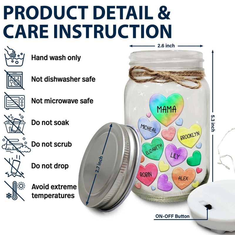 Grandma's Sweethearts Heart By Heart - Gift For Nana, Mom, Mama - Personalized Mason Jar Light