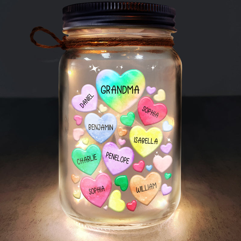 Grandma's Sweethearts Heart By Heart - Gift For Nana, Mom, Mama - Personalized Mason Jar Light