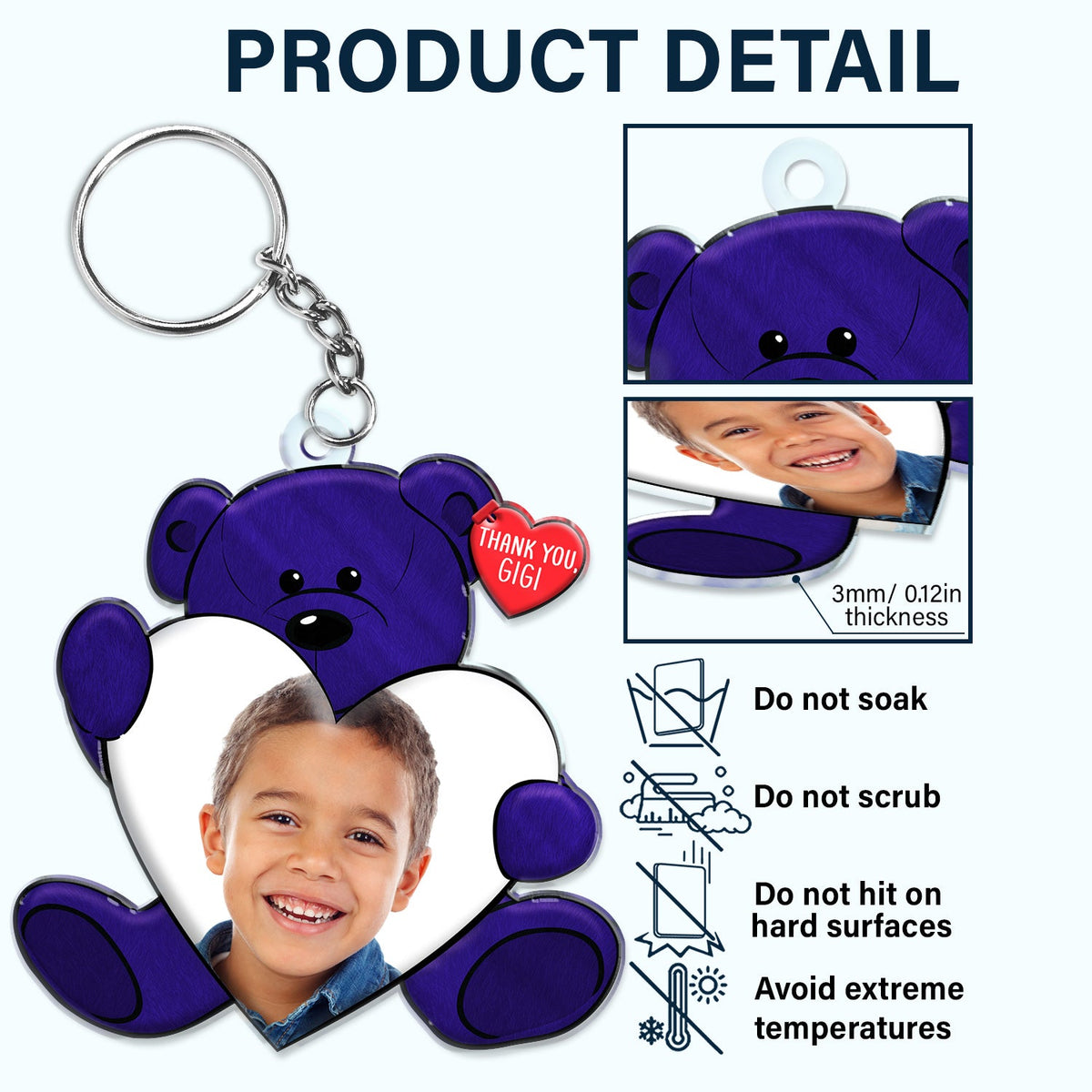 Porte-clés personnalisé en acrylique avec photo « Vous faites un super câlin »