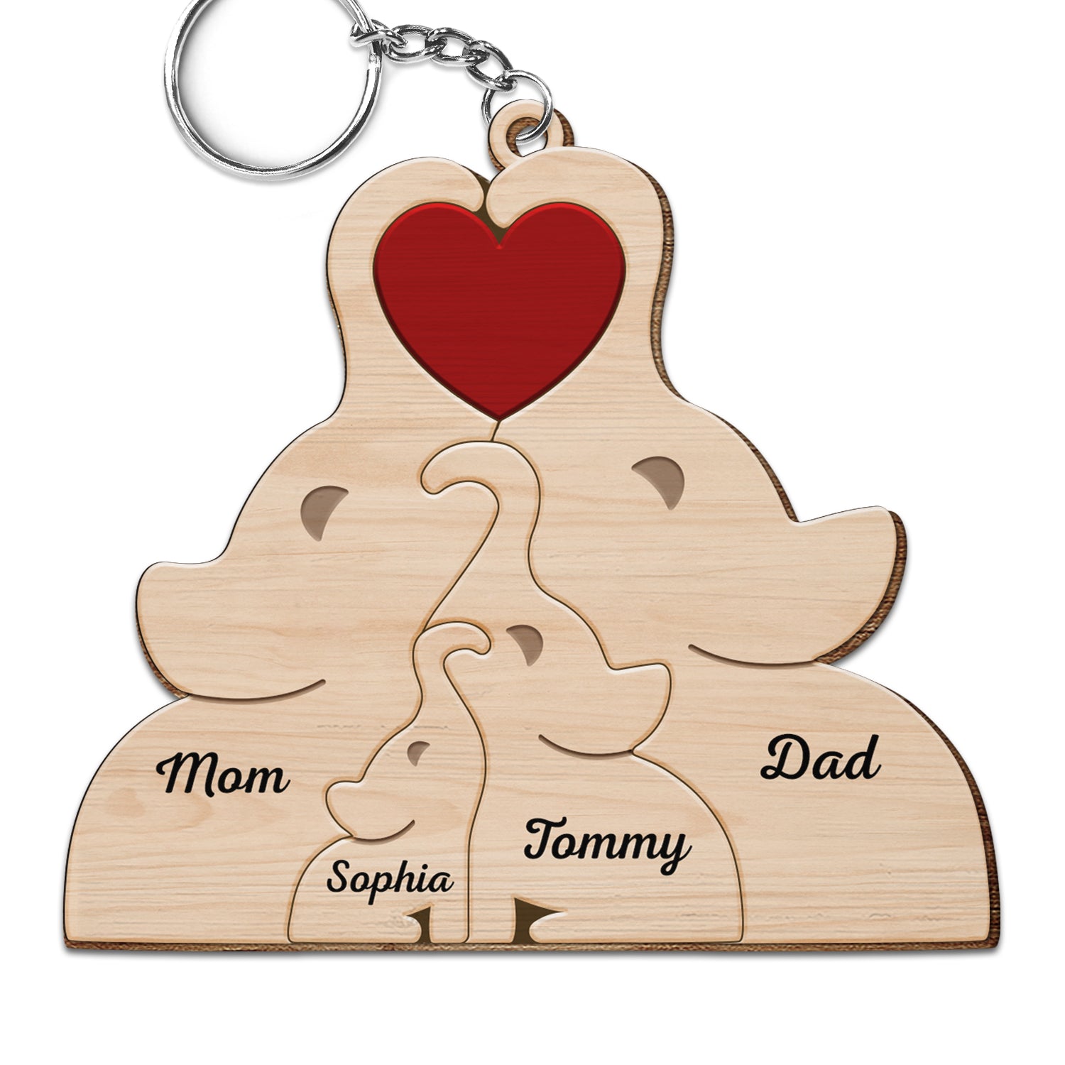 Love Elephant Family - Gift For Mother, Father, Family - Personalized Wooden Keychain