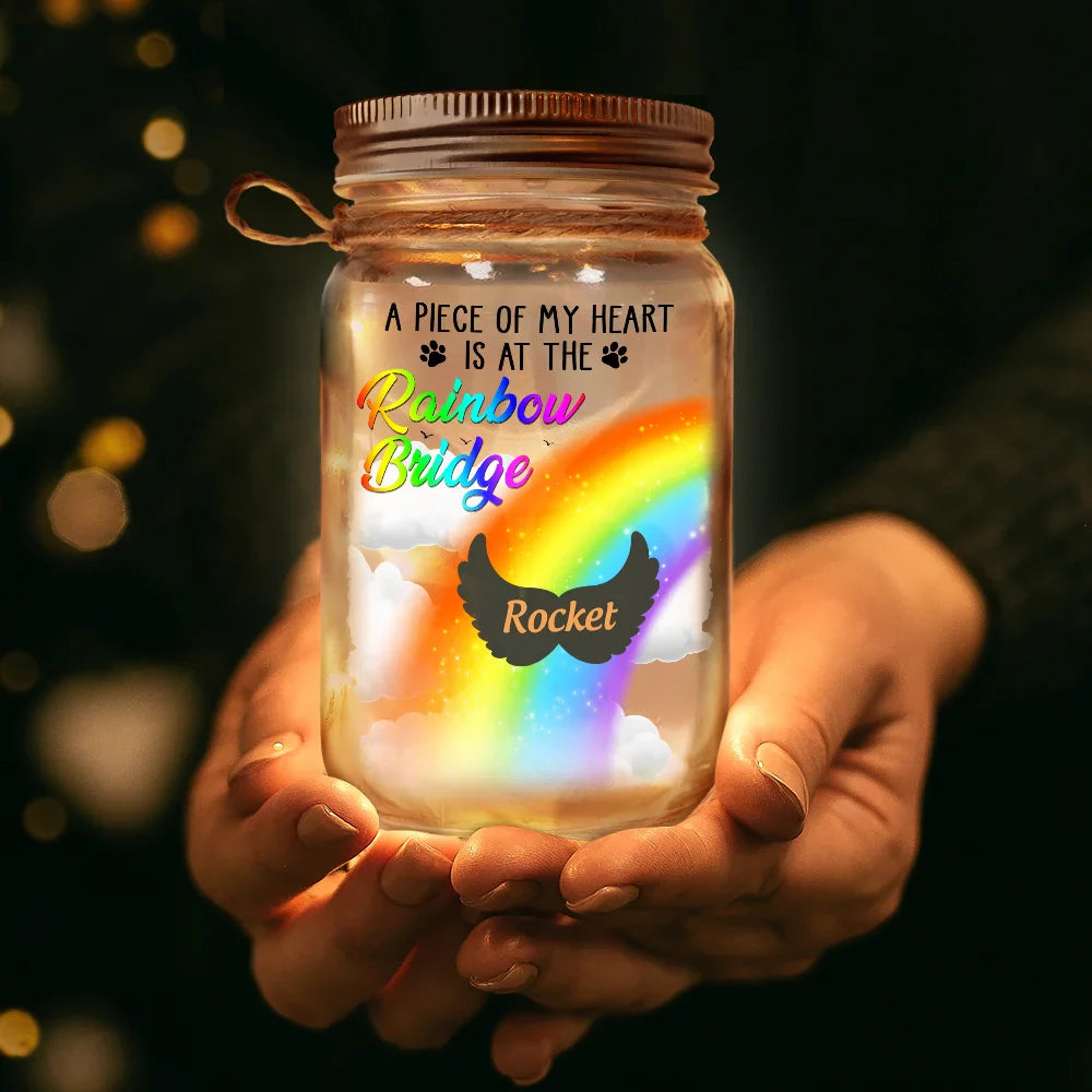 Un morceau de mon cœur est au pont arc-en-ciel - Lampe de pot Mason personnalisée