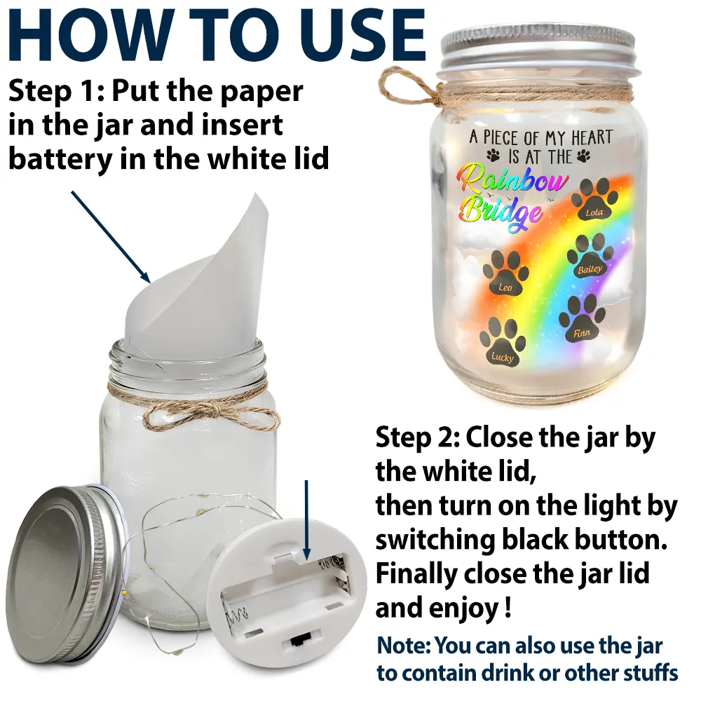 A Piece Of My Heart Is At The Rainbow Bridge - Personalized Mason Jar Light