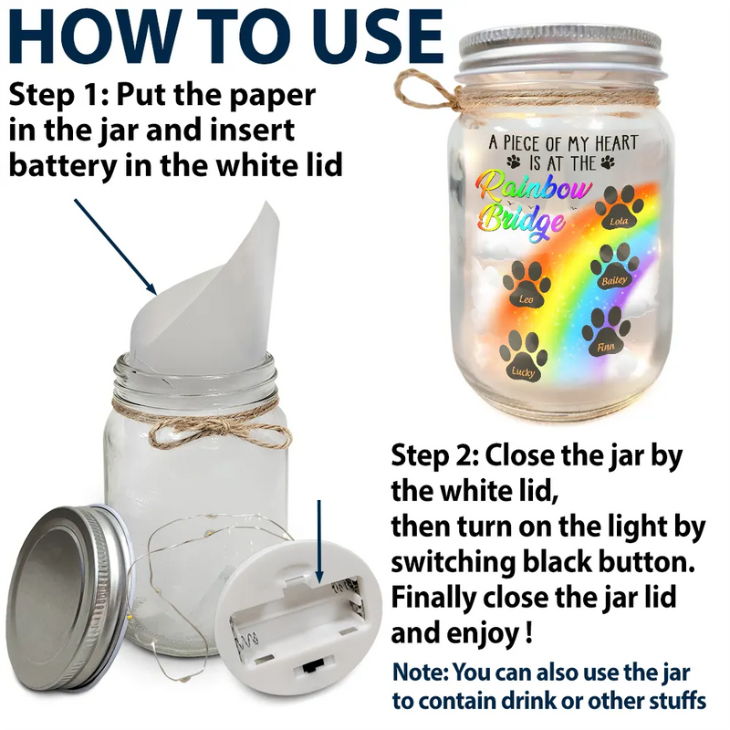 A Piece Of My Heart Is At The Rainbow Bridge - Personalized Mason Jar Light