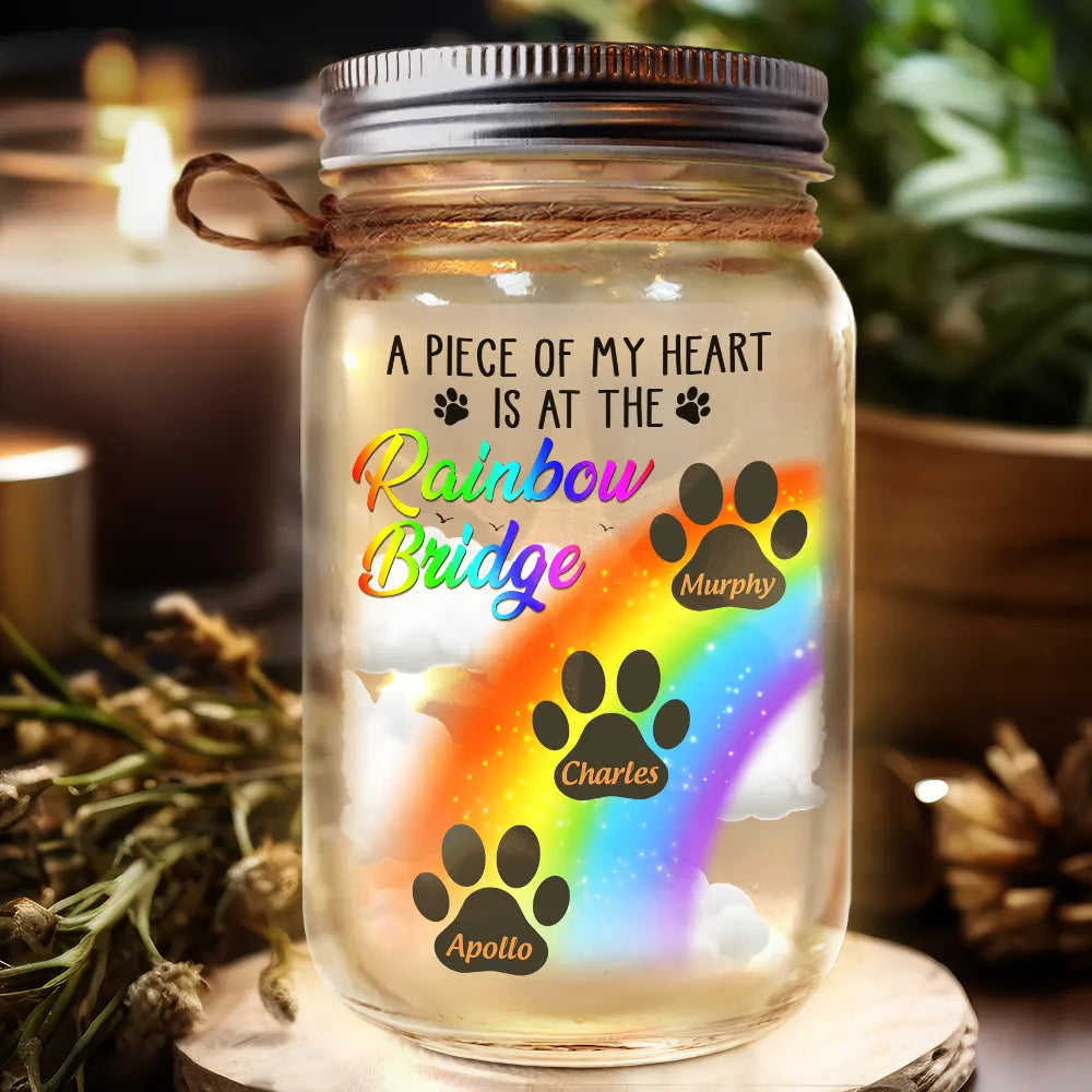 Un morceau de mon cœur est au pont arc-en-ciel - Lampe de pot Mason personnalisée