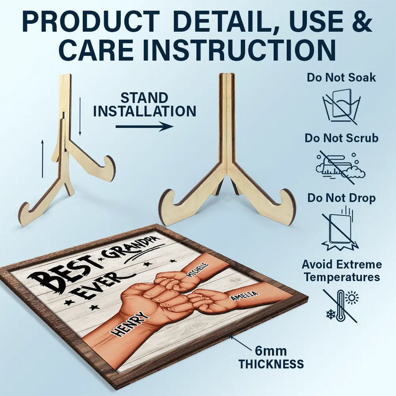 Best Dad Grandpa Ever Fist Bump - Personalized 2-Layered Wooden Plaque With Stand