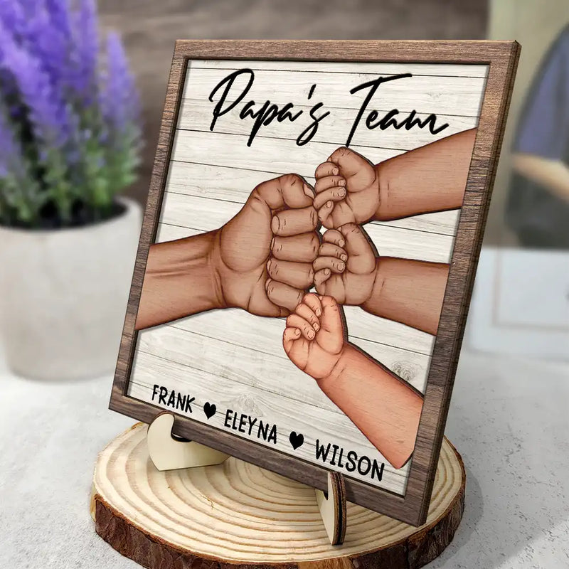 Dad And Kids Together We're A Team - Personalized 2-Layered Wooden Plaque With Stand