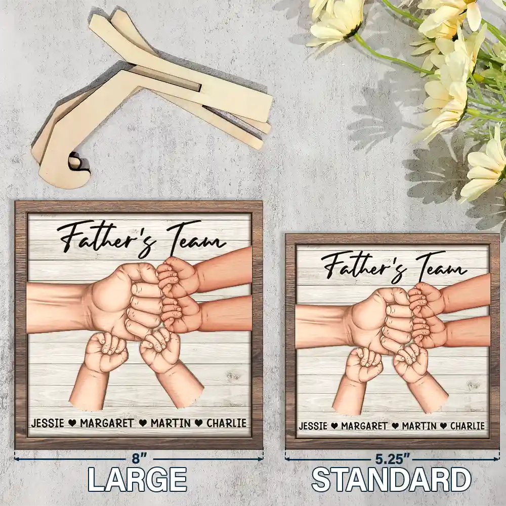 Dad And Kids Together We're A Team - Personalized 2-Layered Wooden Plaque With Stand