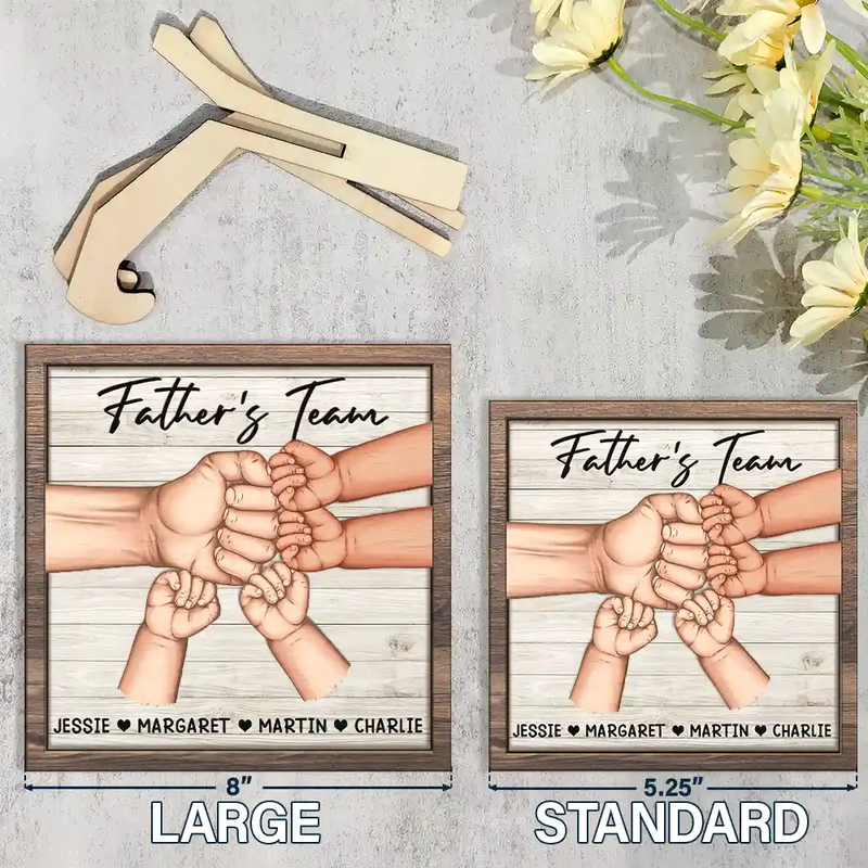 Dad And Kids Together We're A Team - Personalized 2-Layered Wooden Plaque With Stand