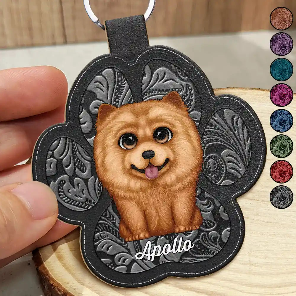 Cute Dog Cat Faux Engraving - Personalized Custom Shaped Leather Keychain