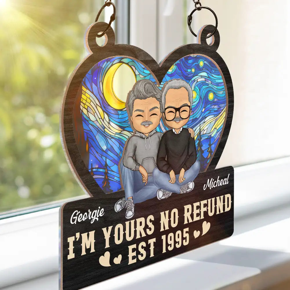 Heart Chibi Old Couple Together Since - Personalized Window Hanging Suncatcher Ornament