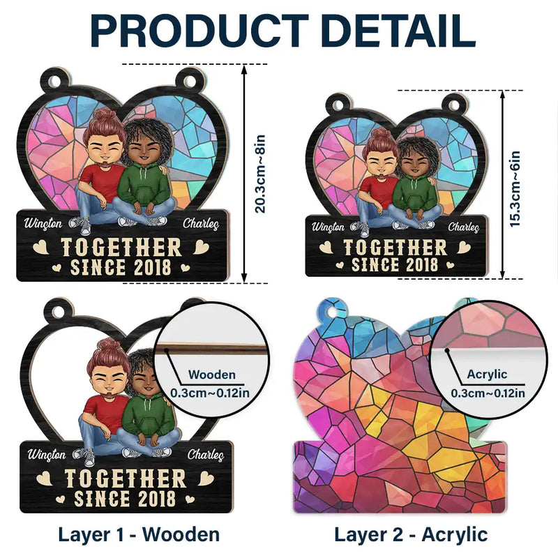 Heart Chibi Old Couple Together Since - Personalized Window Hanging Suncatcher Ornament
