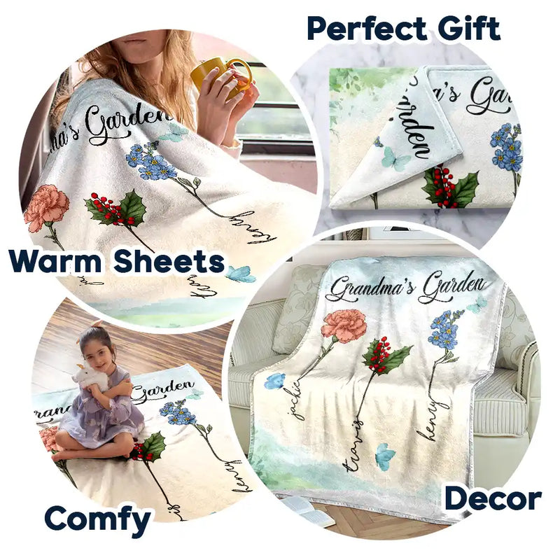 Couverture polaire personnalisée, couverture Sherpa, motif floral du mois de naissance de grand-mère et grand-mère 