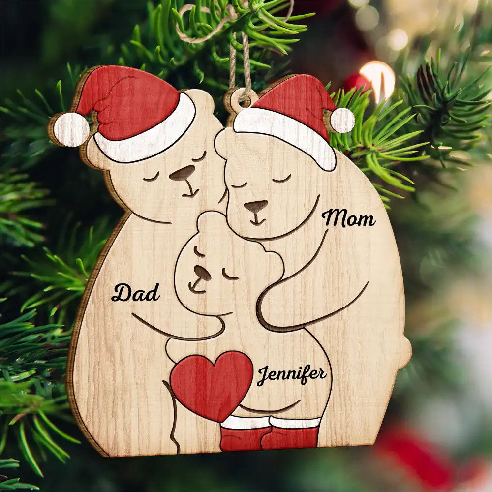 Christmas Bear Family - Personalized Custom Shaped Wooden Ornament