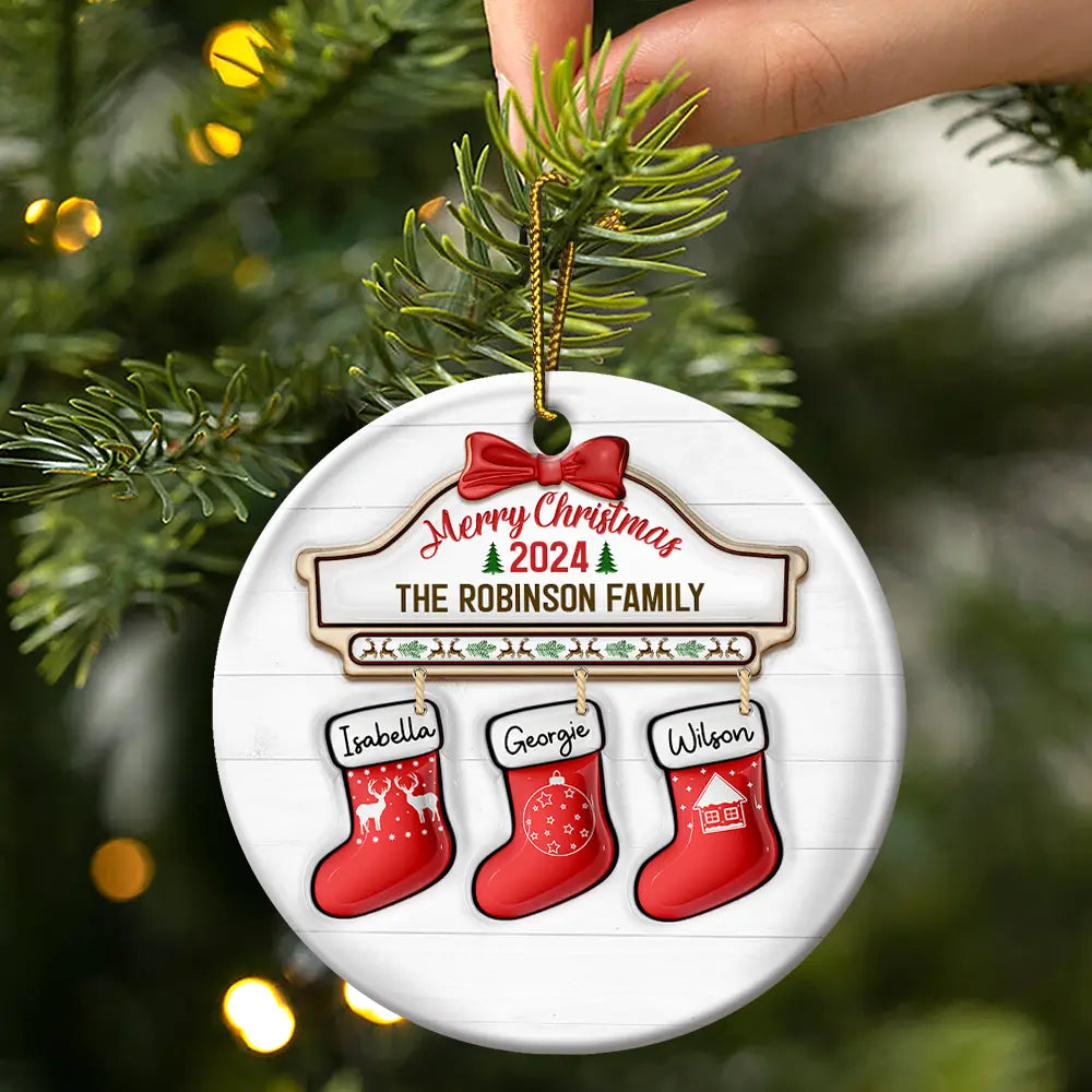 Family Red Sock Stocking Merry Christmas 2024 - 3D Inflated Effect Printed Personalized Circle Ceramic Ornament