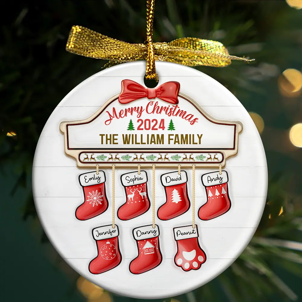 Family Red Sock Stocking Merry Christmas 2024 - 3D Inflated Effect Printed Personalized Circle Ceramic Ornament