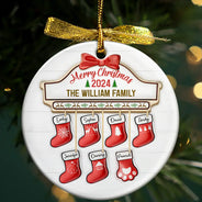 Family Red Sock Stocking Merry Christmas 2024 - 3D Inflated Effect Printed Personalized Circle Ceramic Ornament