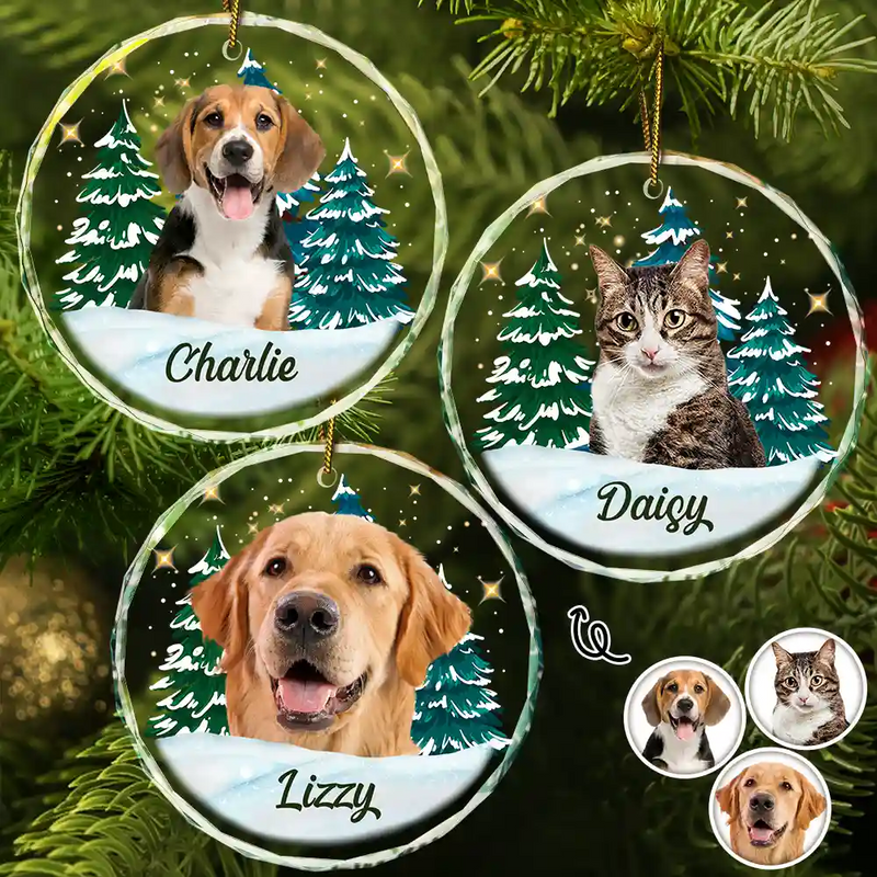 Custom Photo Pet Face Christmas Trees - Personalized Combo Circle Glass Ornament