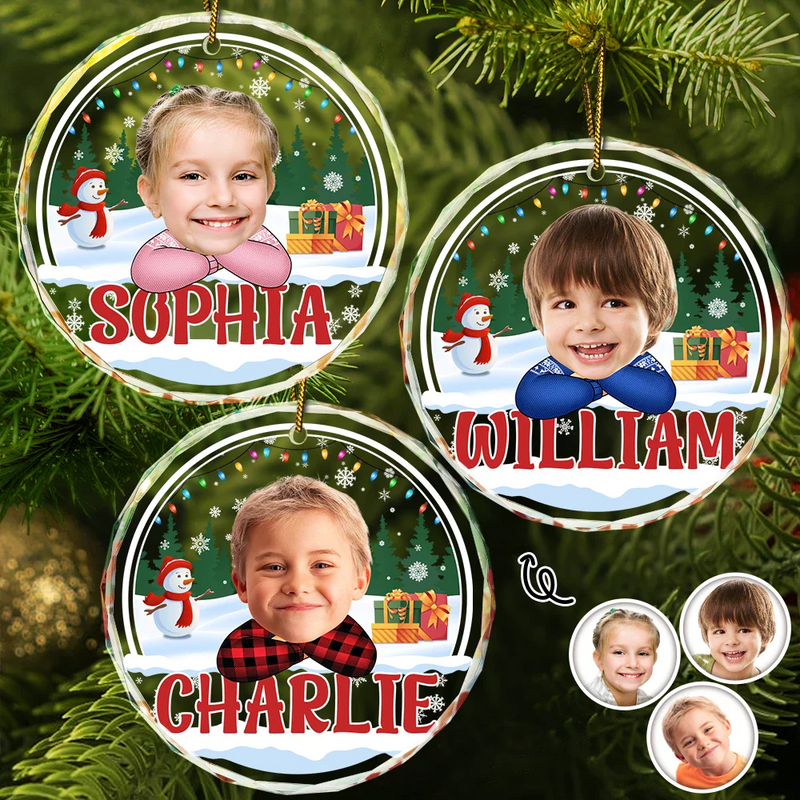 Custom Photo Kid's Face Chibi Style - Personalized Combo Circle Glass Ornament