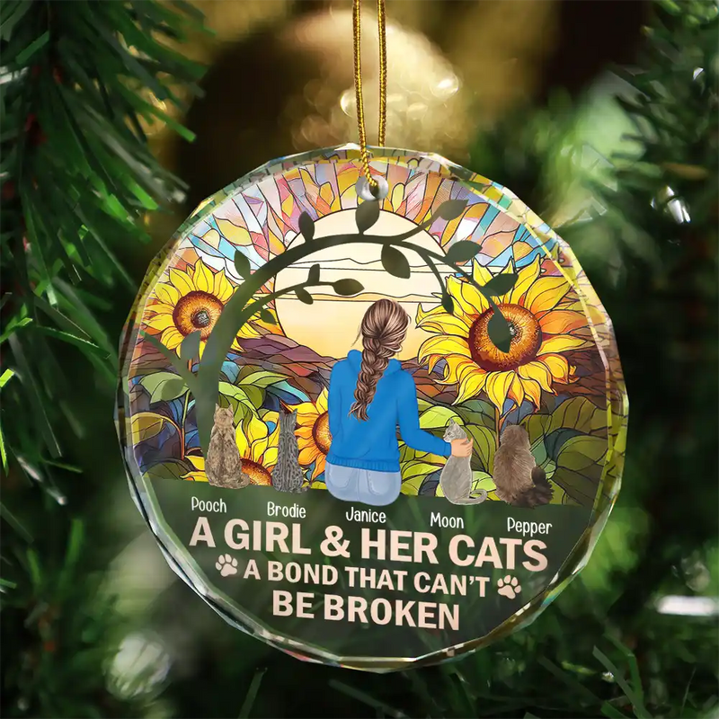 Dog Lovers,Cat Lovers,Pet Lovers - Flower Field A Girl And Her Dog And Cat - Personalized Circle Glass Ornament