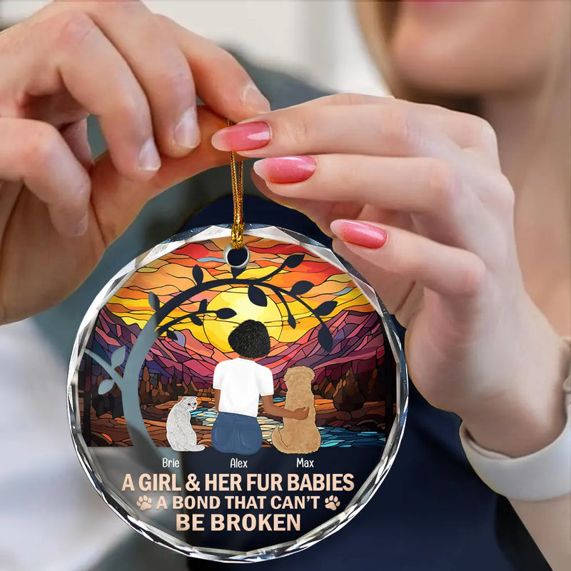 Dog Lovers,Cat Lovers,Pet Lovers - Flower Field A Girl And Her Dog And Cat - Personalized Circle Glass Ornament