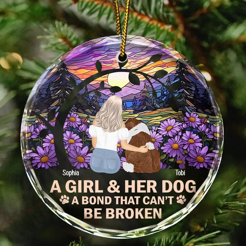 Dog Lovers,Cat Lovers,Pet Lovers - Flower Field A Girl And Her Dog And Cat - Personalized Circle Glass Ornament