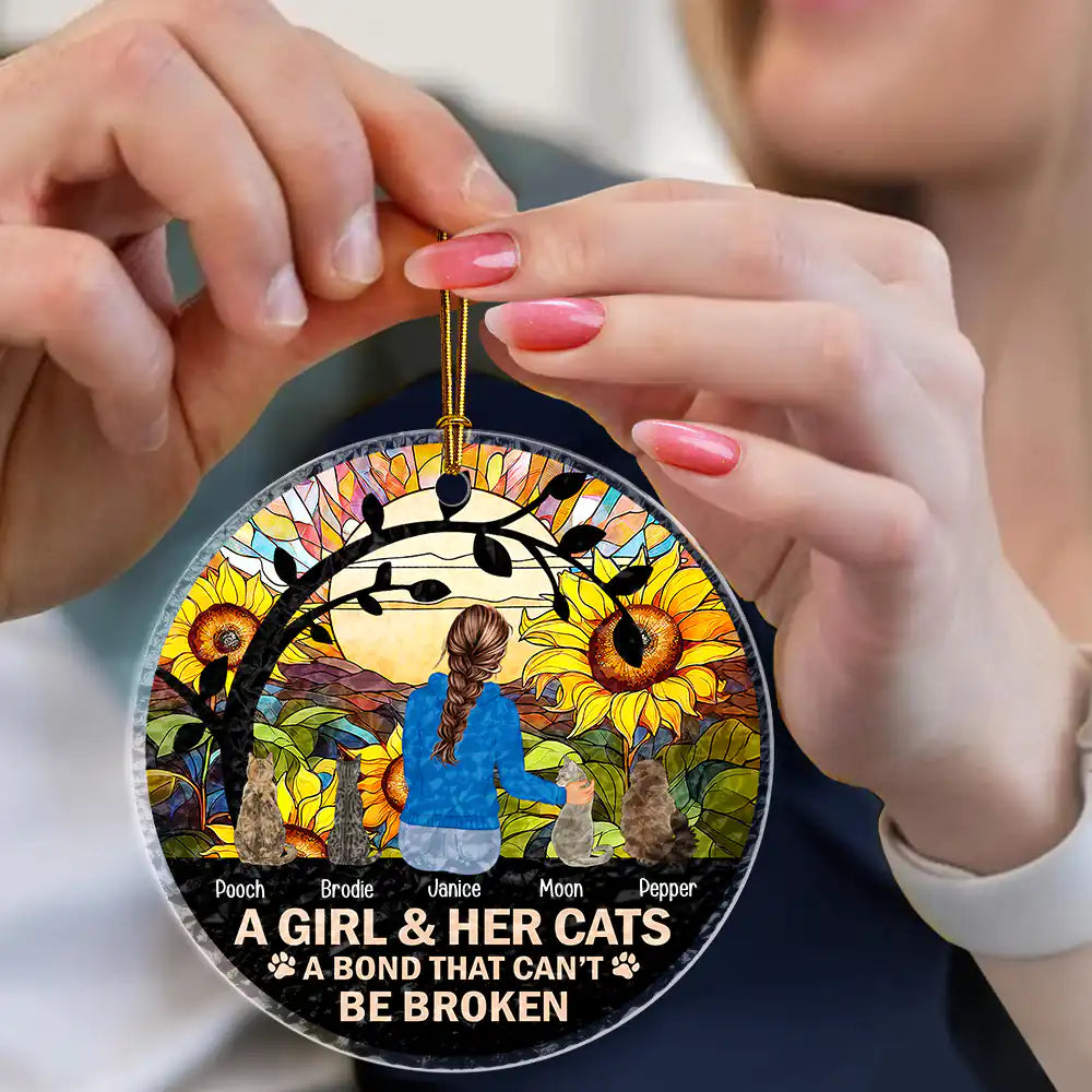 Dog Lovers,Cat Lovers,Pet Lovers,Love,Christmas - Flower Field A Girl And Her Dog And Cat - Personalized Stained Glass Ornament