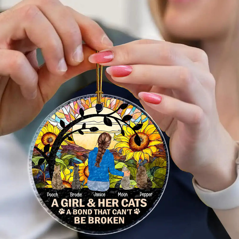 Dog Lovers,Cat Lovers,Pet Lovers,Love,Christmas - Flower Field A Girl And Her Dog And Cat - Personalized Stained Glass Ornament