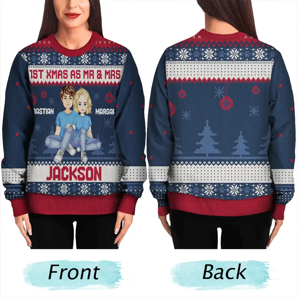 1st Xmas As Mr & Mrs Cartoon Couple - Personalized Unisex Ugly Sweater