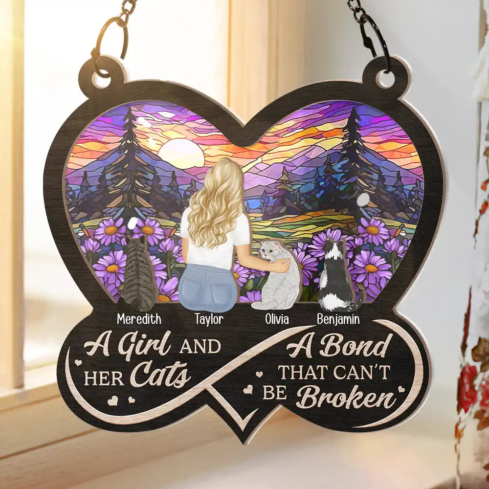 Infinity Heart Flower Field A Girl And Her Dog And Cat - Personalized Window Hanging Suncatcher Ornament