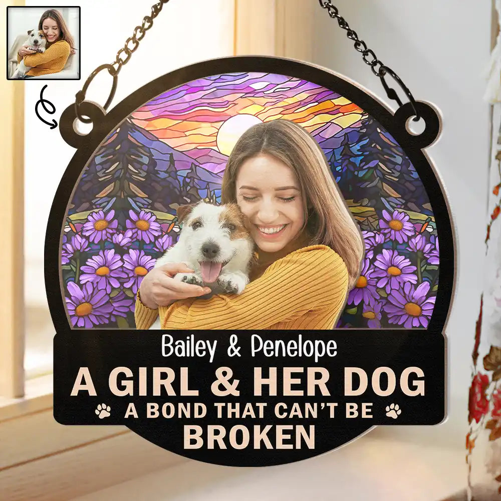 Custom Photo Flower Field A Girl And Her Dog - Personalized Window Hanging Suncatcher Ornament