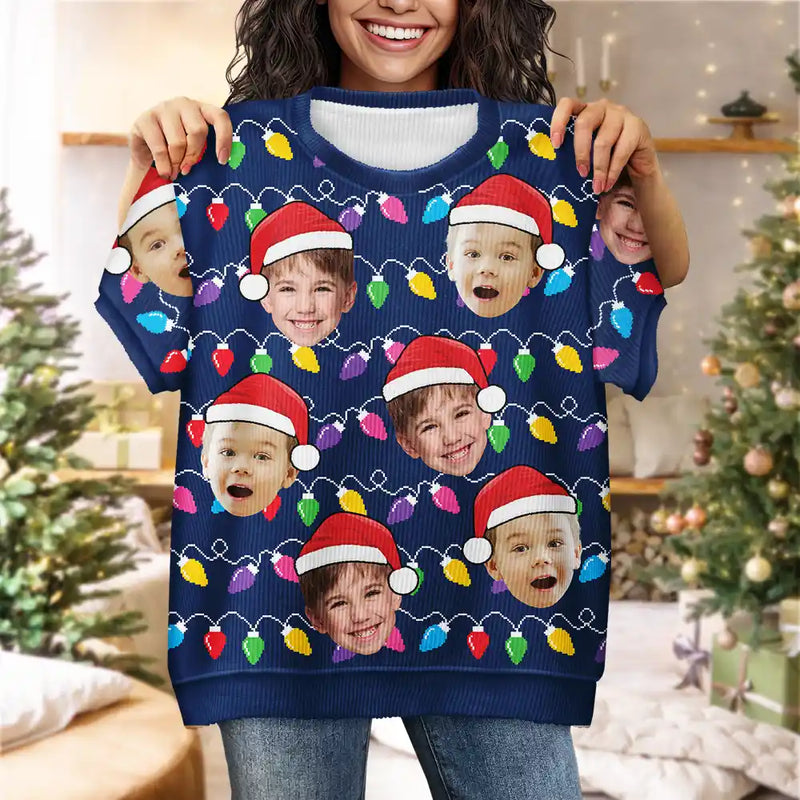 Christmas,Custom Photo,Family,Gift For Bestie,Funny,Continue Shopping - Custom Photo Santa Hat Funny Family Face - Personalized Short Sleeve Sweater