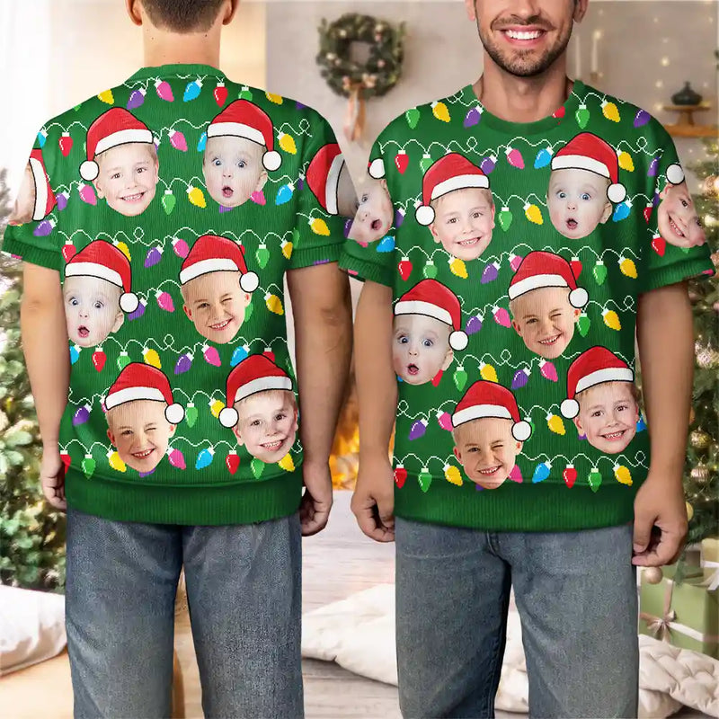 Christmas,Custom Photo,Family,Gift For Bestie,Funny,Continue Shopping - Custom Photo Santa Hat Funny Family Face - Personalized Short Sleeve Sweater