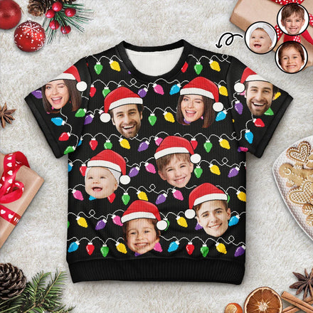 Bonnet de Père Noël personnalisé avec photo et visage de famille amusant - Pull à manches courtes personnalisé 