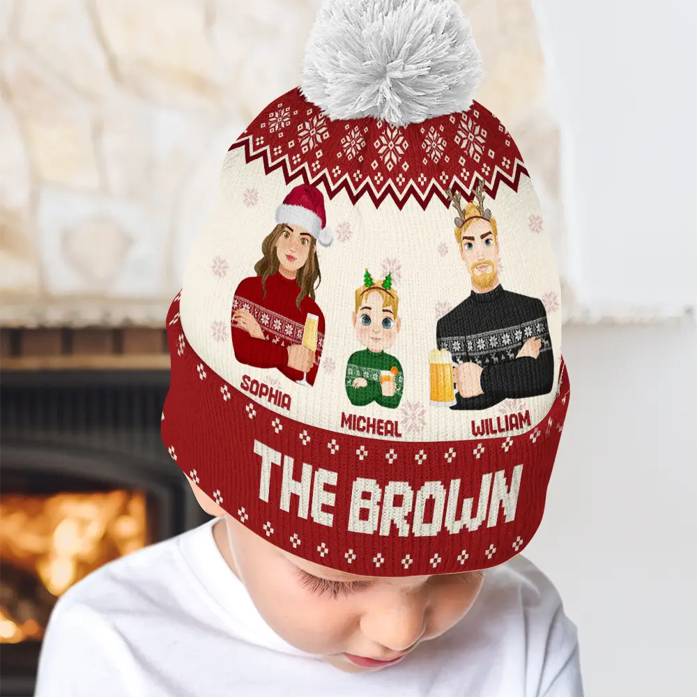 Family, Gift For Bestie - Flat Art Family Grandparents, Parents, Kids, Friends - Personalized Bobble Beanie Hat