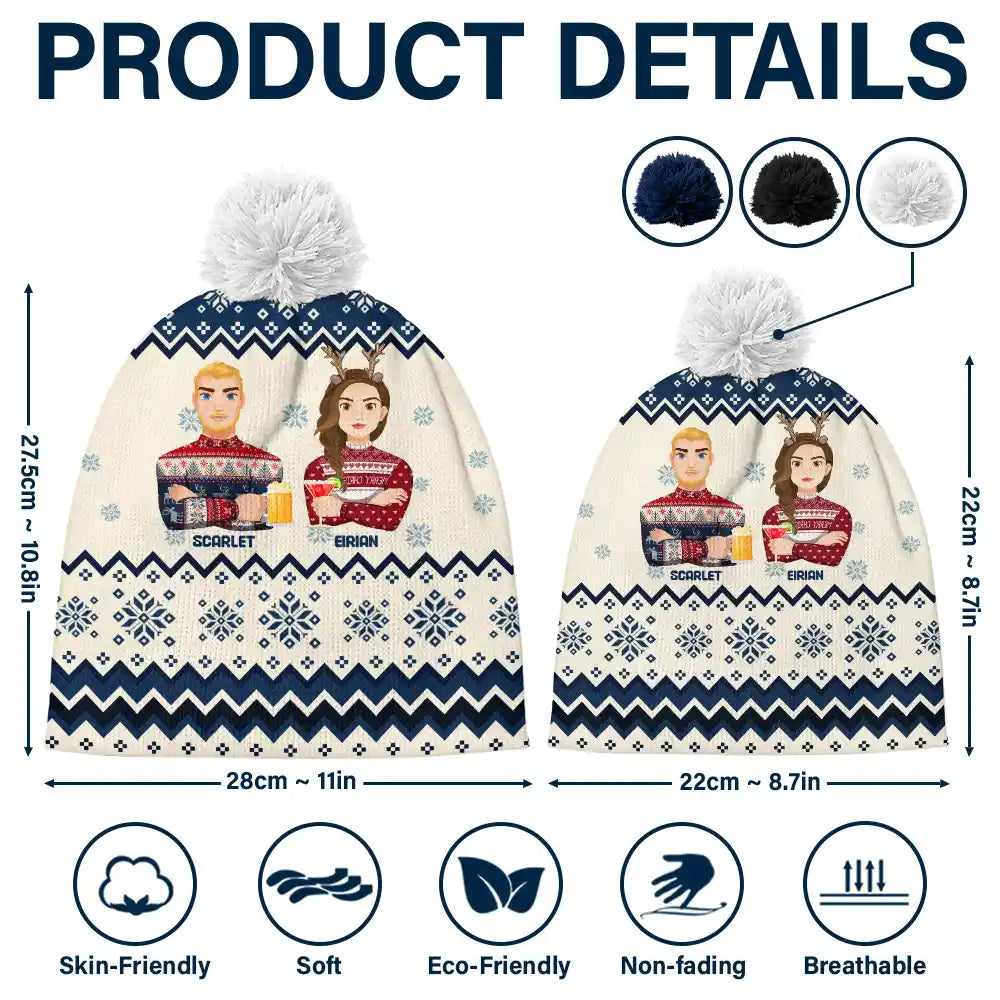 Family, Gift For Bestie - Flat Art Family Grandparents, Parents, Kids, Friends - Personalized Bobble Beanie Hat