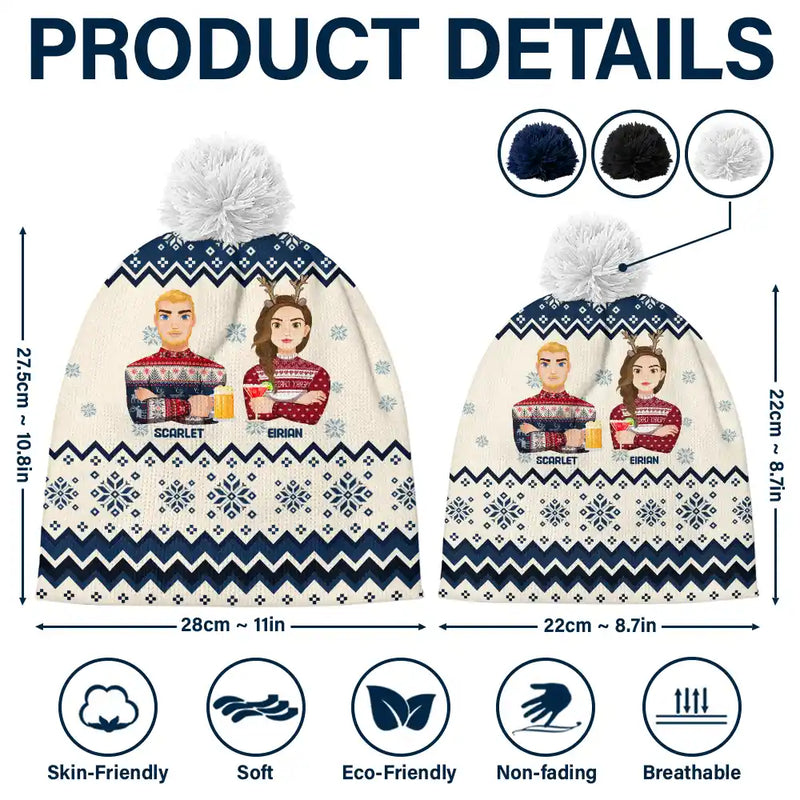 Family, Gift For Bestie - Flat Art Family Grandparents, Parents, Kids, Friends - Personalized Bobble Beanie Hat