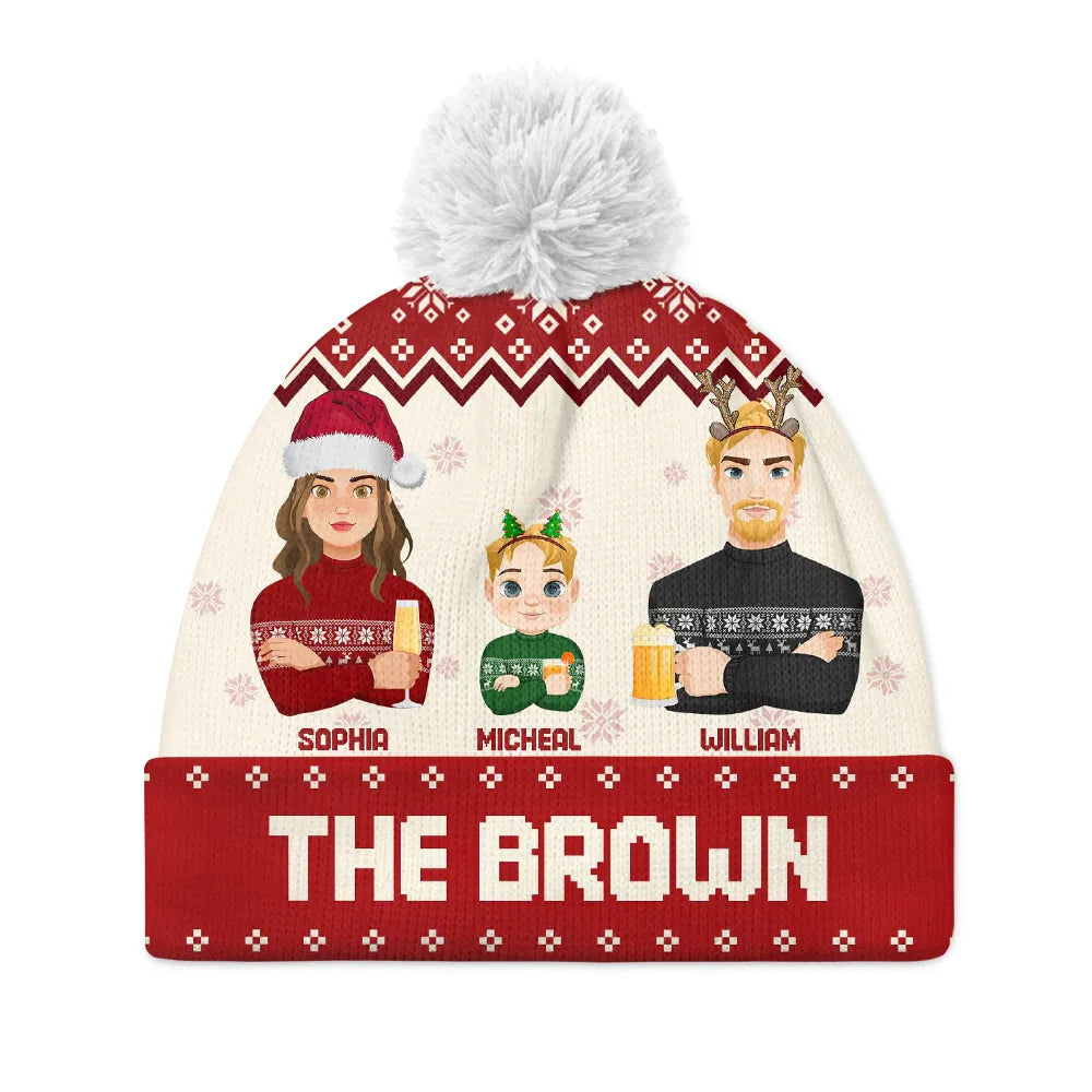 Family, Gift For Bestie - Flat Art Family Grandparents, Parents, Kids, Friends - Personalized Bobble Beanie Hat