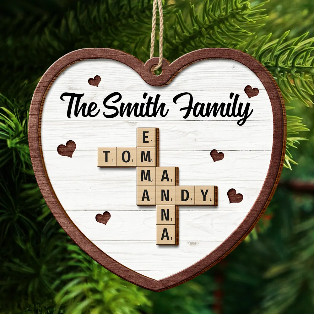 Custom Family Name Heart Crossword Scrabble - Personalized 2-Layered Wooden Ornament