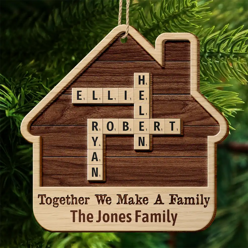 Christmas,Family,Continue Shopping,Love - Together We Make A Family House Crossword Scrabble - Personalized 2-Layered Wooden Ornament