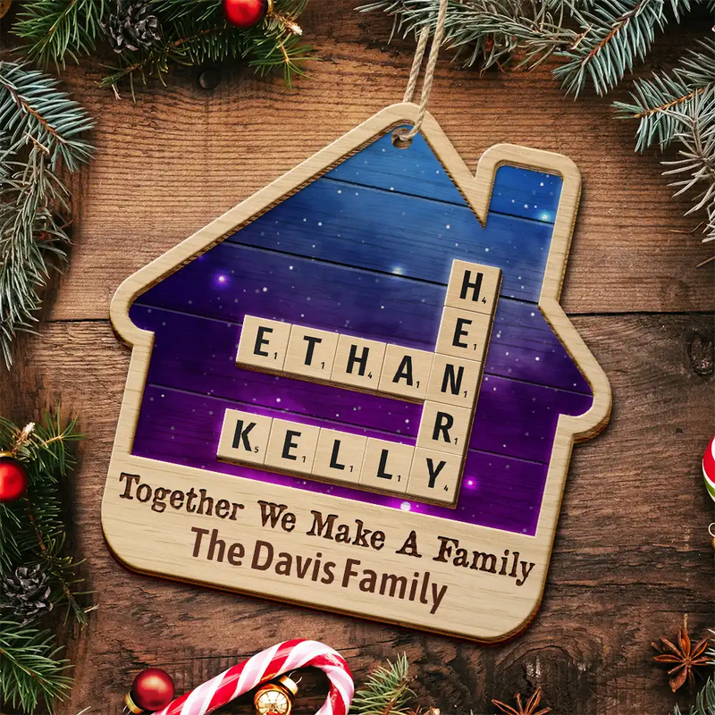 Christmas,Family,Continue Shopping,Love - Together We Make A Family House Crossword Scrabble - Personalized 2-Layered Wooden Ornament