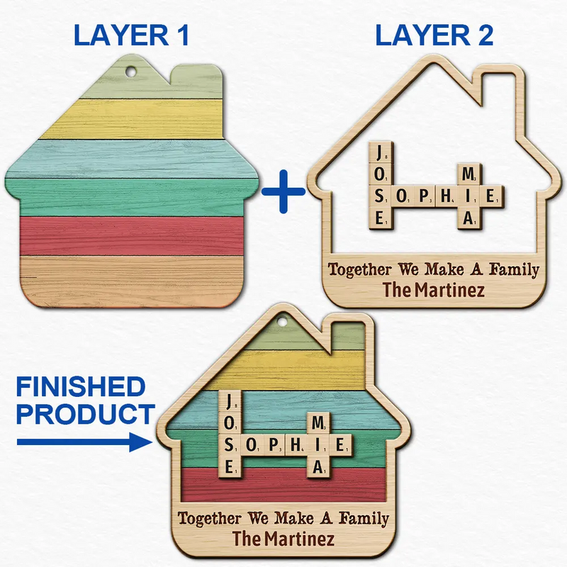 Christmas,Family,Continue Shopping,Love - Together We Make A Family House Crossword Scrabble - Personalized 2-Layered Wooden Ornament