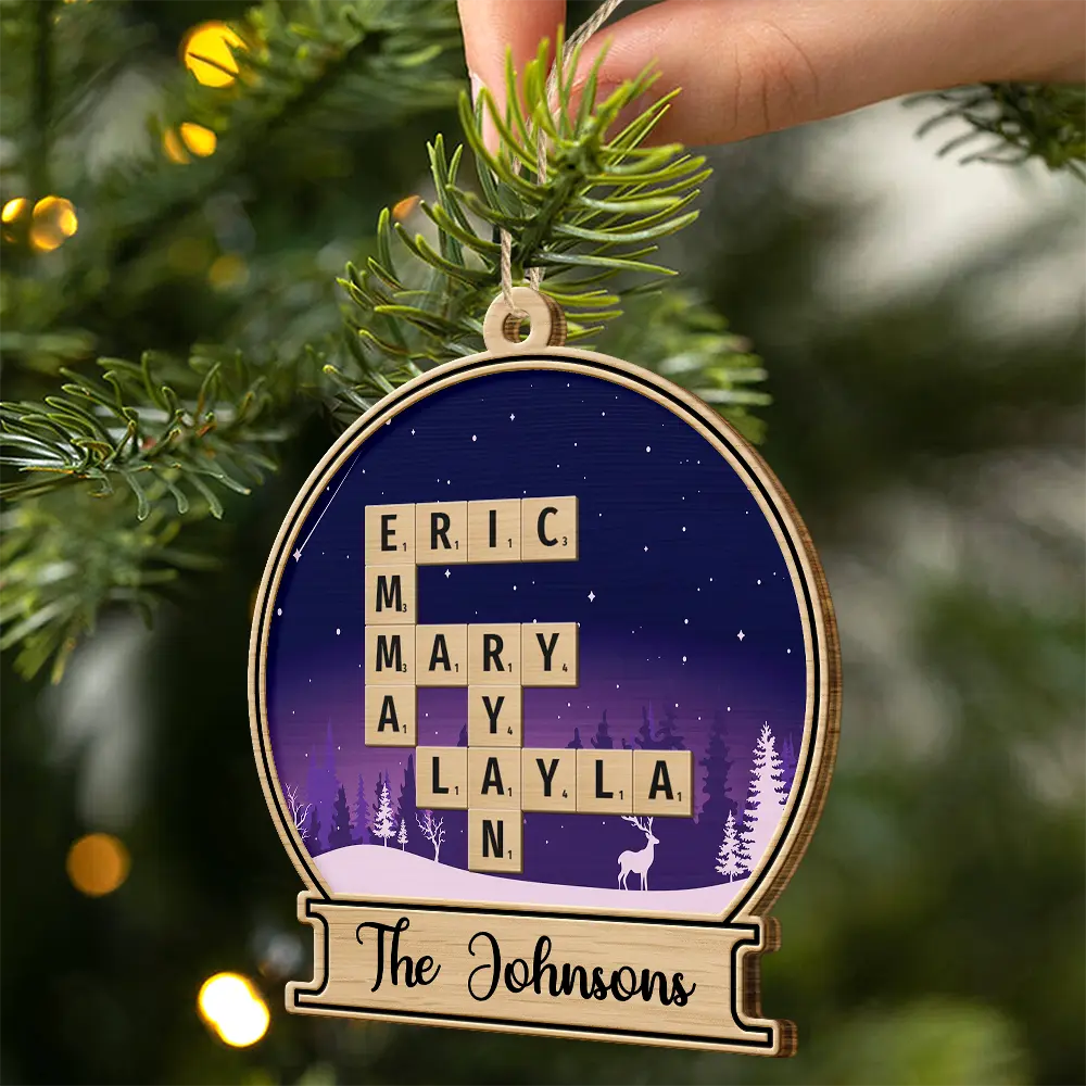 Family - Custom Family Name Snow Globe Crossword Scrabble - Personalized Custom Shaped Wooden Ornament