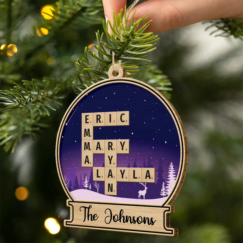 Family - Custom Family Name Snow Globe Crossword Scrabble - Personalized Custom Shaped Wooden Ornament