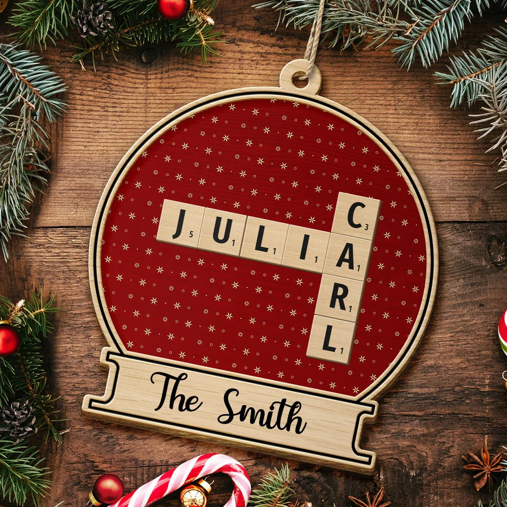 Family - Custom Family Name Snow Globe Crossword Scrabble - Personalized Custom Shaped Wooden Ornament