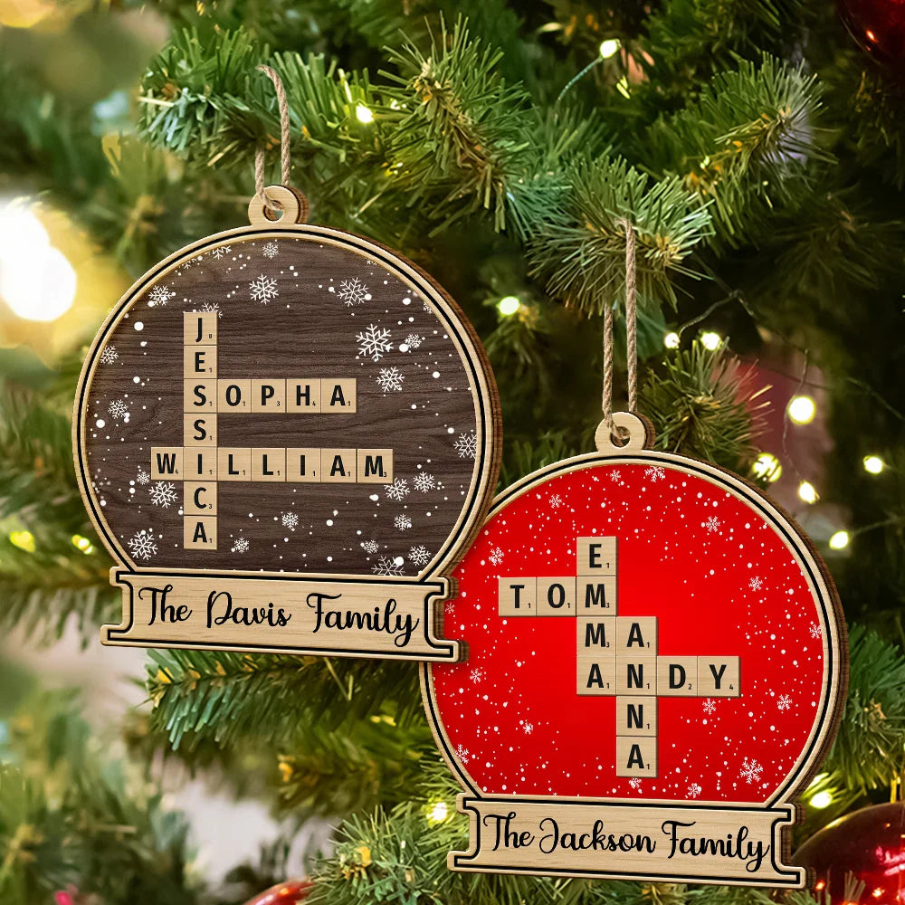 Family - Custom Family Name Snow Globe Crossword Scrabble - Personalized Custom Shaped Wooden Ornament